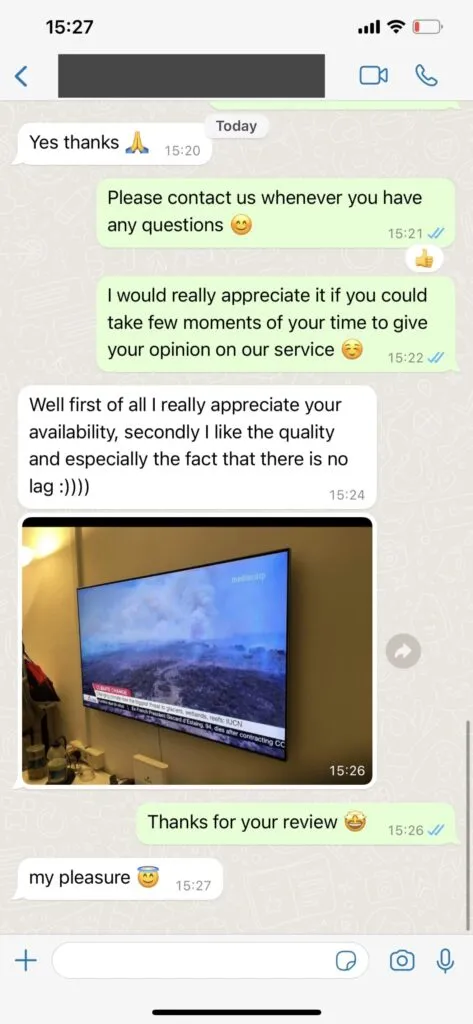 Depoimento real no WhatsApp: Mariana elogiando estabilidade no Firestick para toda a família